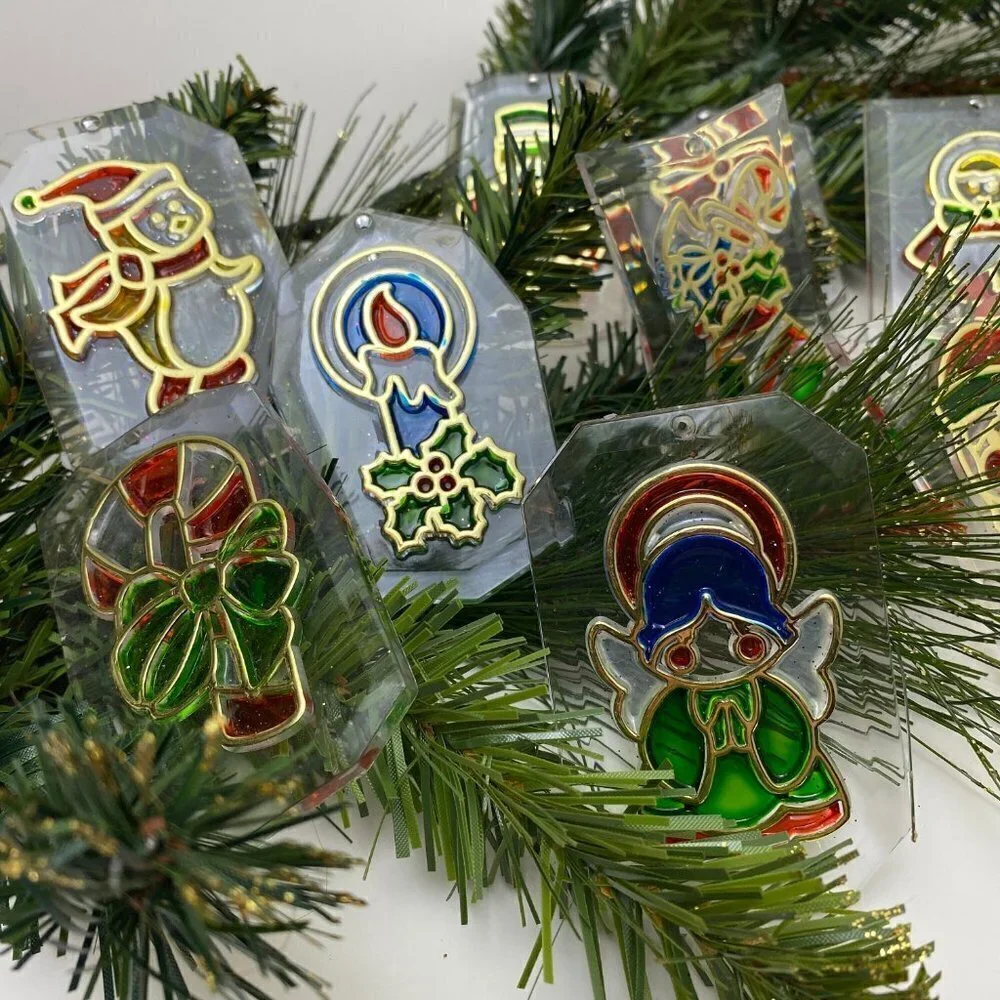 Vintage Christmas Ornaments Set of 9 Clear Plastic Retro Suncatchers